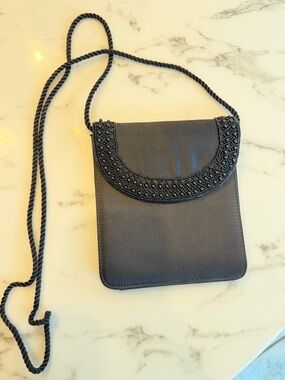 EUC: Vintage Black Satin Beaded Crossbody/Clutch Evening Bag